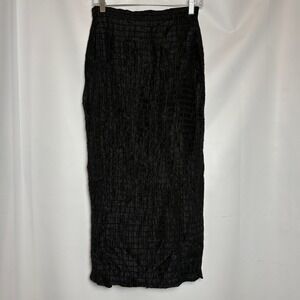Exotic 100% Silk Crinkle Texture Maxi Skirt Black Elastic Waist Midi Length
